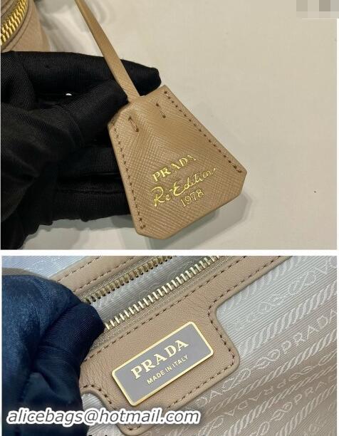 Best Quality Prada Re-Edition 1978 medium Re-Nylon and Saffiano leather two-handle bag 1BB115 Beige 2024