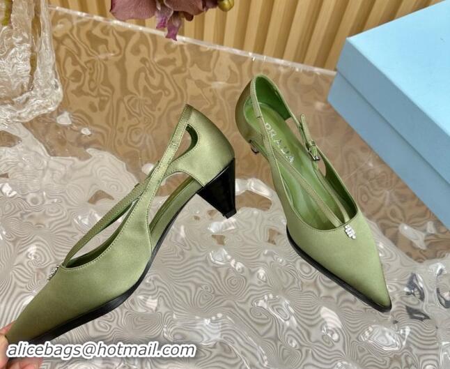 Luxurious Prada Satin Pumps 5cm with Buckle Green 812013