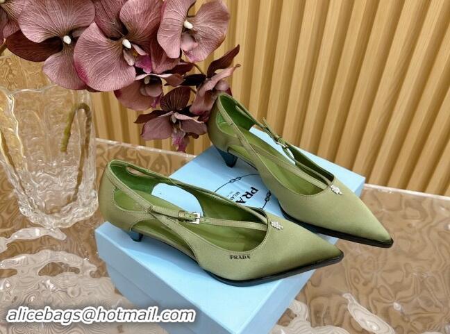 Luxurious Prada Satin Pumps 5cm with Buckle Green 812013