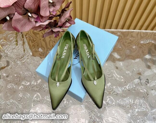 Luxurious Prada Satin Pumps 5cm with Buckle Green 812013