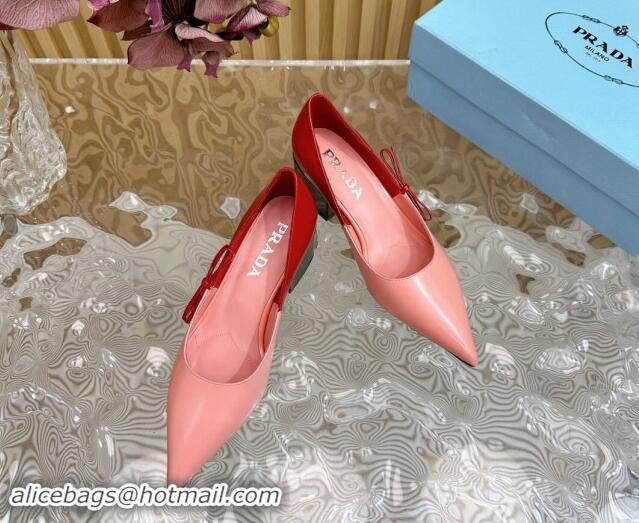 Sumptuous Prada Patchwork Brushed Leather Pumps 6cm with Bow Pink/Red 812024