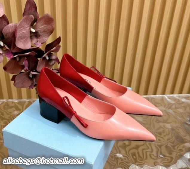 Sumptuous Prada Patchwork Brushed Leather Pumps 6cm with Bow Pink/Red 812024