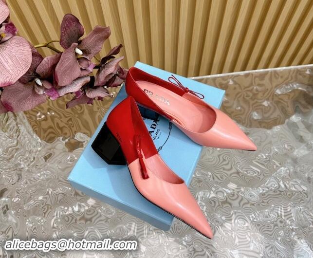 Sumptuous Prada Patchwork Brushed Leather Pumps 6cm with Bow Pink/Red 812024