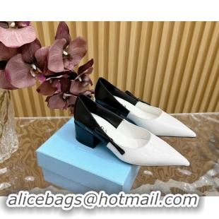 Stylish Prada Patchwork Brushed Leather Pumps 6cm with Bow White/Black 812025