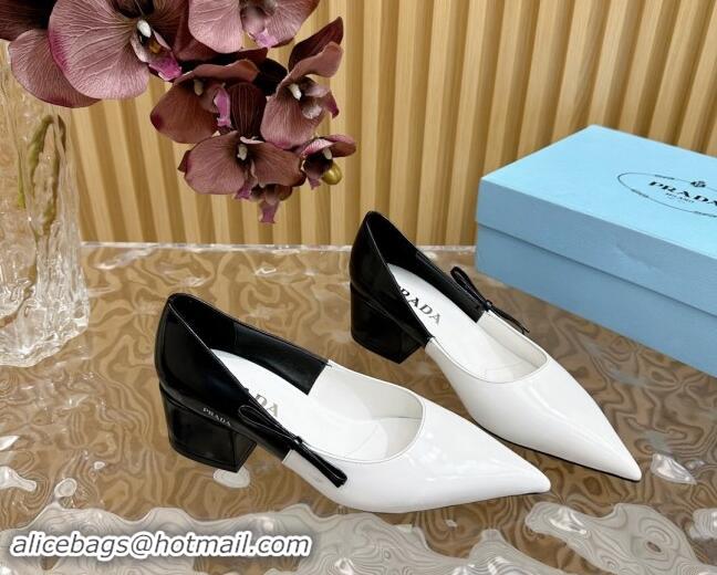 Stylish Prada Patchwork Brushed Leather Pumps 6cm with Bow White/Black 812025