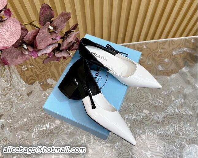 Stylish Prada Patchwork Brushed Leather Pumps 6cm with Bow White/Black 812025