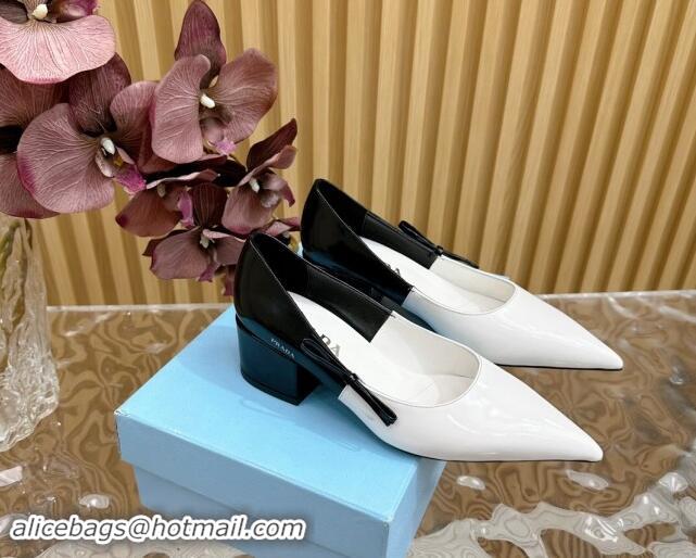 Stylish Prada Patchwork Brushed Leather Pumps 6cm with Bow White/Black 812025