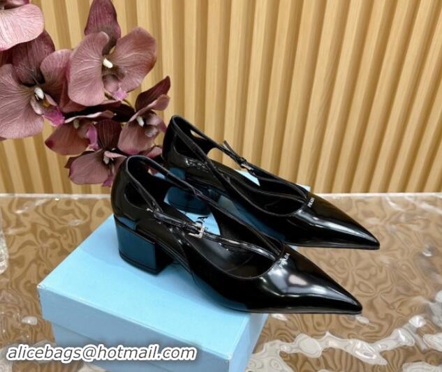 Classic Hot Prada Brushed Leather Pumps 6cm with Buckle Black 812026