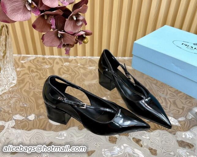 Classic Hot Prada Brushed Leather Pumps 6cm with Buckle Black 812026