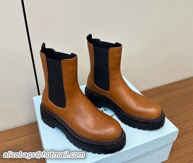 Low Cost Prada Leather Chelsea Ankle Boots 5cm Cognac Brown 812033