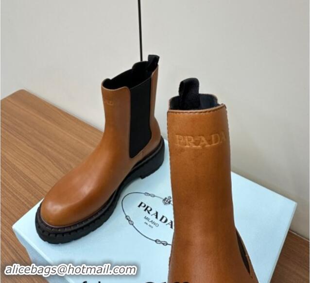 Low Cost Prada Leather Chelsea Ankle Boots 5cm Cognac Brown 812033