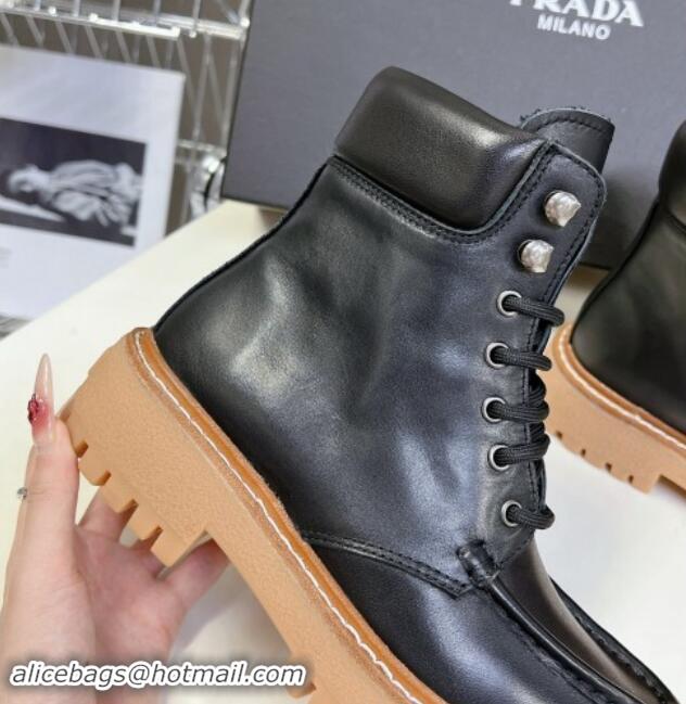 Unique Style Prada Leather lace-up Ankle Boots 3.5cm Black 812035