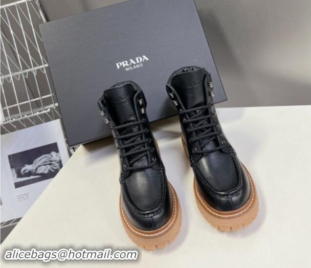 Unique Style Prada Leather lace-up Ankle Boots 3.5cm Black 812035