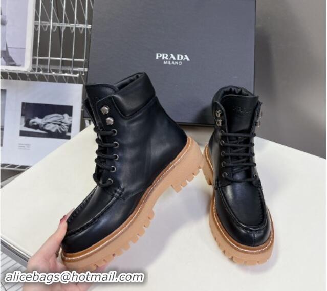 Unique Style Prada Leather lace-up Ankle Boots 3.5cm Black 812035