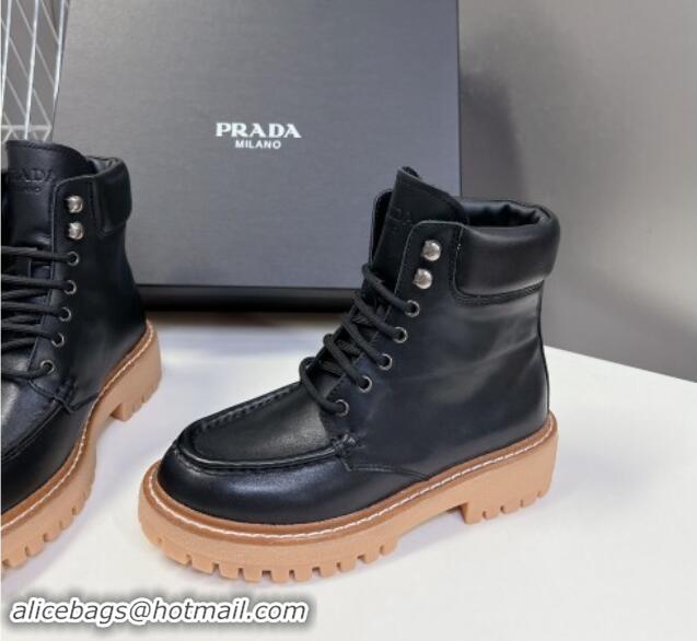 Unique Style Prada Leather lace-up Ankle Boots 3.5cm Black 812035