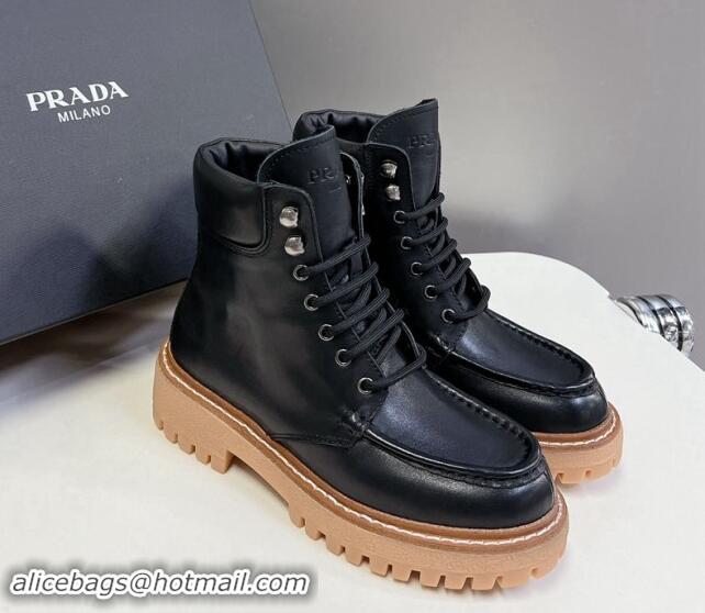 Unique Style Prada Leather lace-up Ankle Boots 3.5cm Black 812035