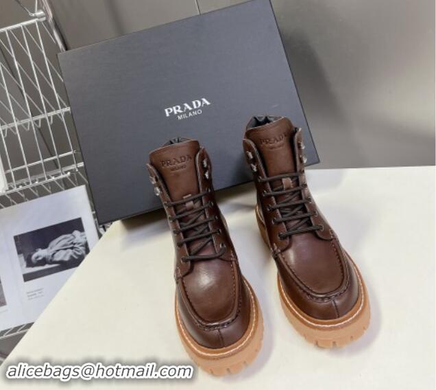 Good Quality Prada Leather lace-up Ankle Boots 3.5cm Dark Brown 812036