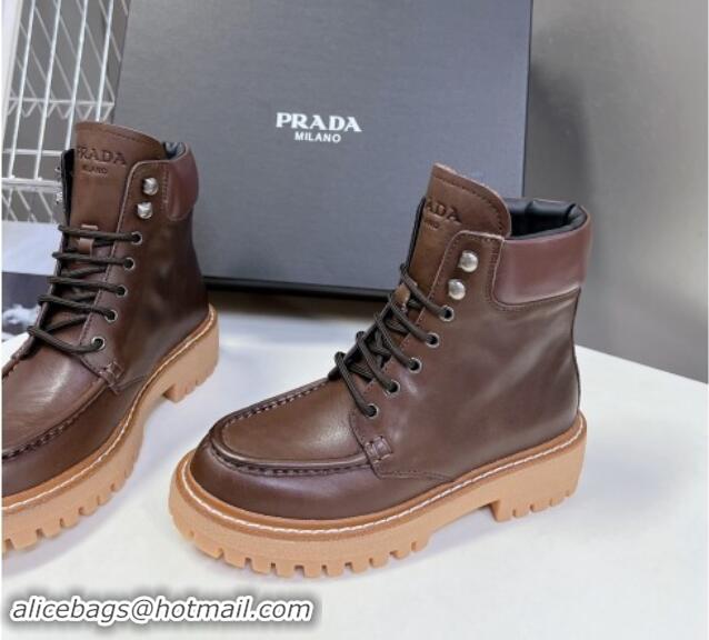 Good Quality Prada Leather lace-up Ankle Boots 3.5cm Dark Brown 812036