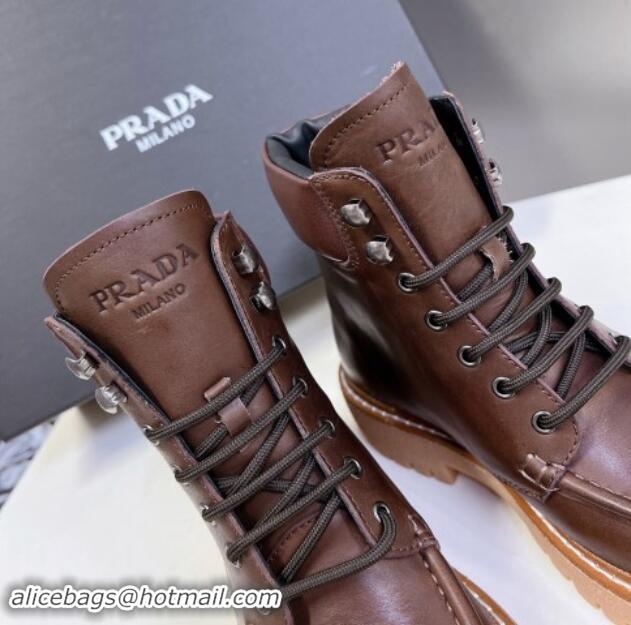 Good Quality Prada Leather lace-up Ankle Boots 3.5cm Dark Brown 812036