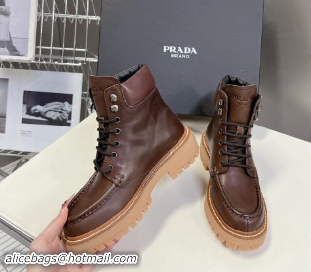 Good Quality Prada Leather lace-up Ankle Boots 3.5cm Dark Brown 812036