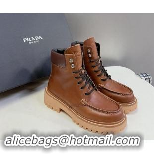 Shop Duplicate Prada Leather lace-up Ankle Boots 3.5cm Cognac Brown 812037