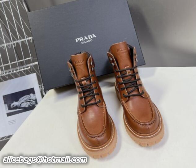 Shop Duplicate Prada Leather lace-up Ankle Boots 3.5cm Cognac Brown 812037