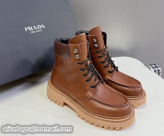 Shop Duplicate Prada Leather lace-up Ankle Boots 3.5cm Cognac Brown 812037