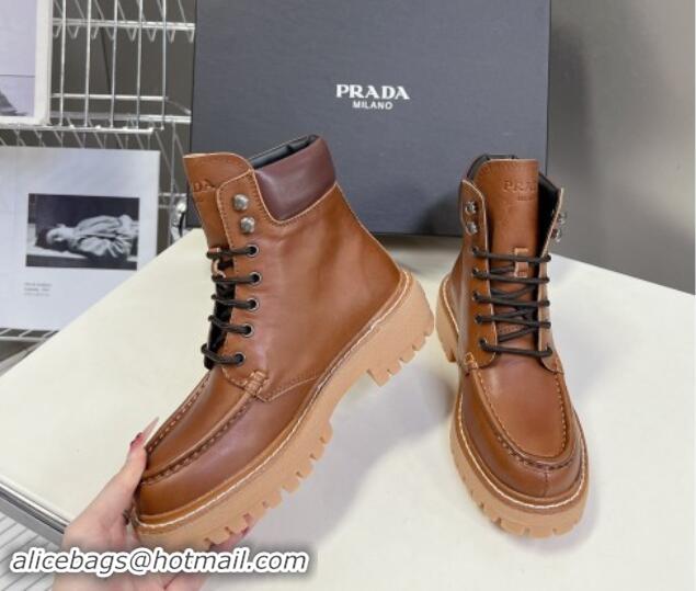 Shop Duplicate Prada Leather lace-up Ankle Boots 3.5cm Cognac Brown 812037