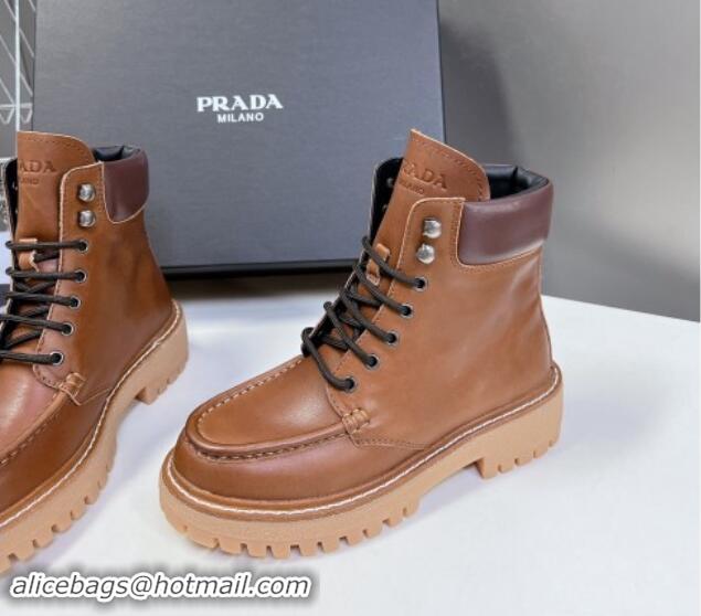 Shop Duplicate Prada Leather lace-up Ankle Boots 3.5cm Cognac Brown 812037