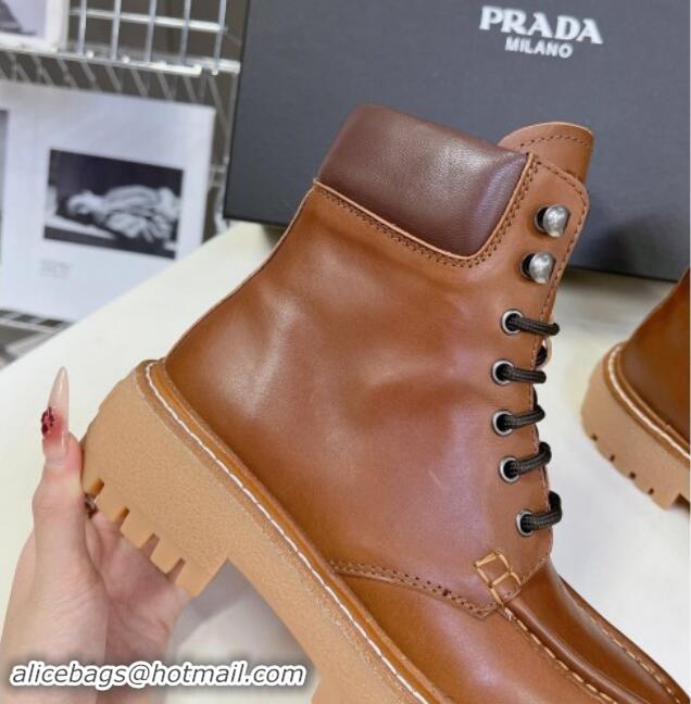 Shop Duplicate Prada Leather lace-up Ankle Boots 3.5cm Cognac Brown 812037