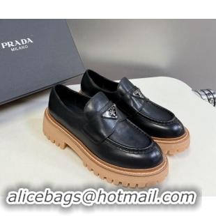 Good Product Prada Double Chocolate leather platform loafers Black 812038