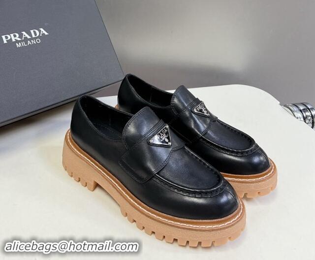 Good Product Prada Double Chocolate leather platform loafers Black 812038