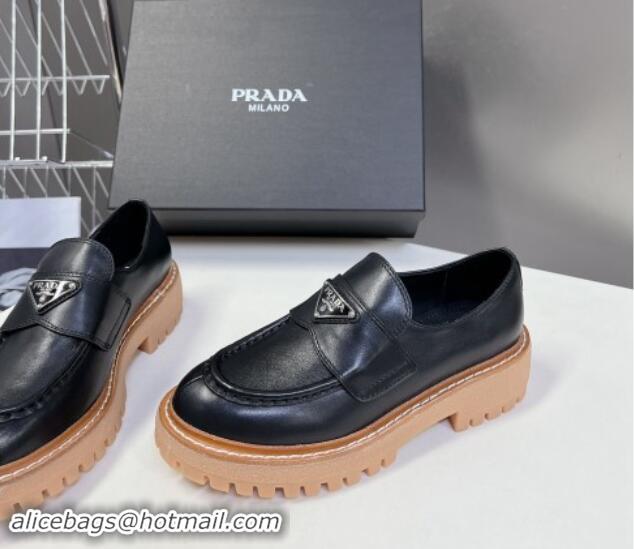 Good Product Prada Double Chocolate leather platform loafers Black 812038