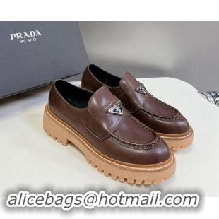 Best Product Prada Double Chocolate leather platform loafers Dark Brown 812039