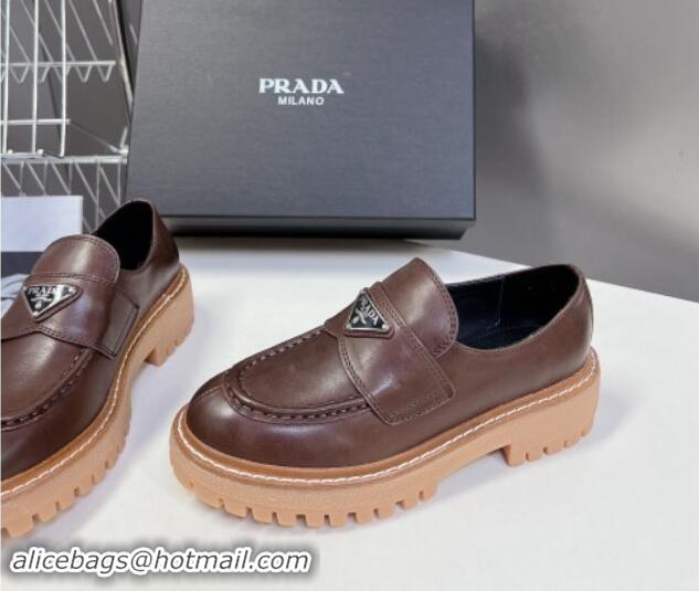 Best Product Prada Double Chocolate leather platform loafers Dark Brown 812039