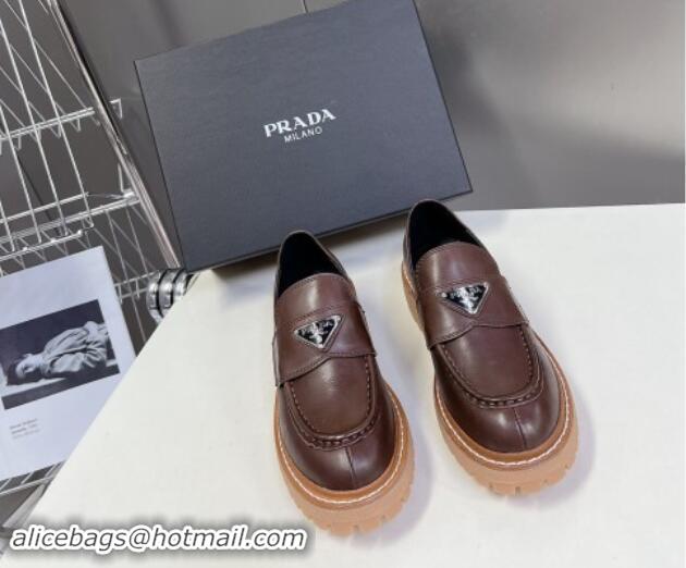 Best Product Prada Double Chocolate leather platform loafers Dark Brown 812039