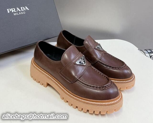 Best Product Prada Double Chocolate leather platform loafers Dark Brown 812039