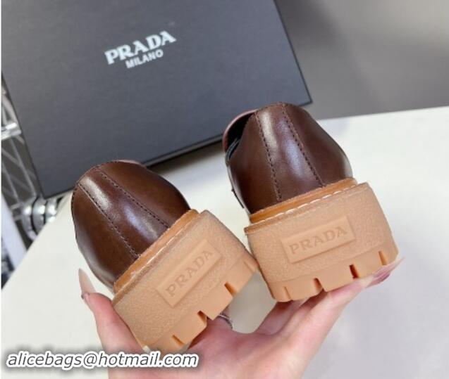 Best Product Prada Double Chocolate leather platform loafers Dark Brown 812039