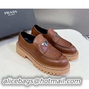 Good Quality Prada Double Chocolate leather platform loafers Cognac Brown 812040