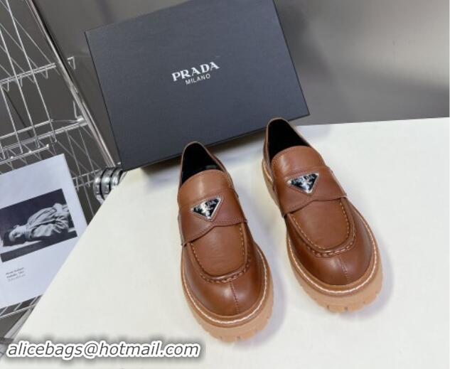 Good Quality Prada Double Chocolate leather platform loafers Cognac Brown 812040