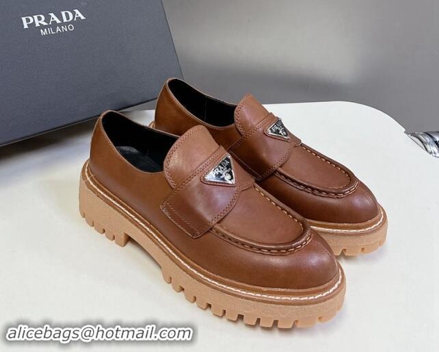 Good Quality Prada Double Chocolate leather platform loafers Cognac Brown 812040