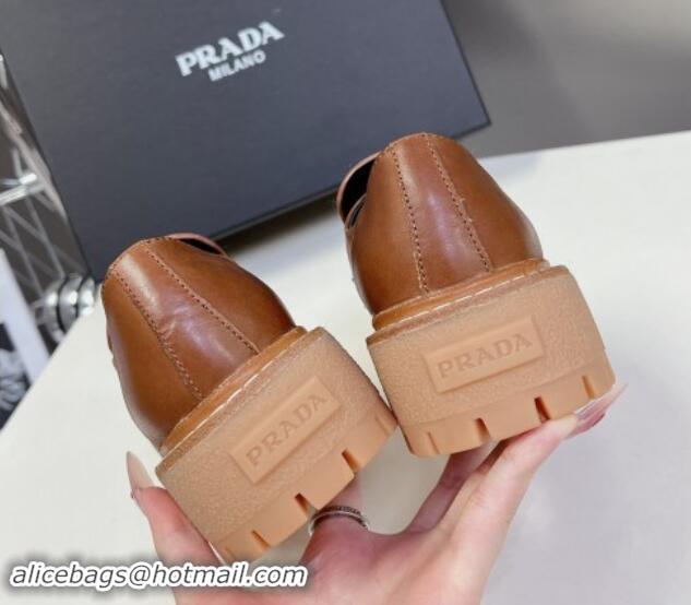 Good Quality Prada Double Chocolate leather platform loafers Cognac Brown 812040