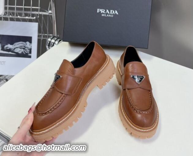 Good Quality Prada Double Chocolate leather platform loafers Cognac Brown 812040