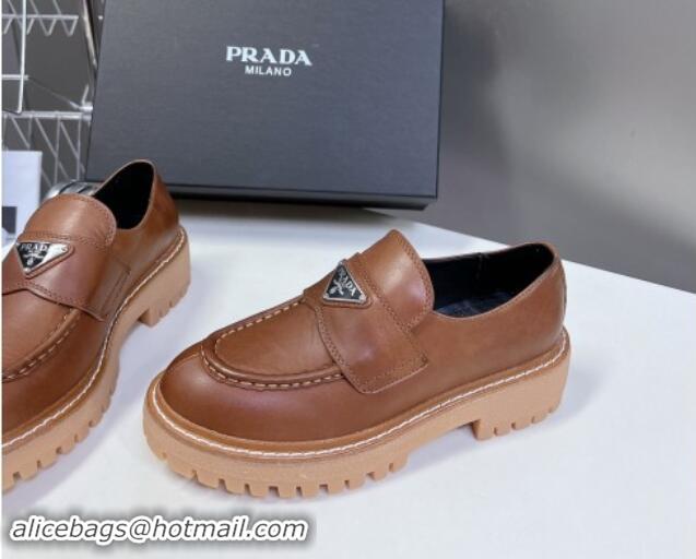 Good Quality Prada Double Chocolate leather platform loafers Cognac Brown 812040