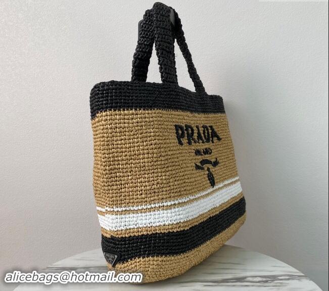 Most Popular Prada Large Crochet Raffia-effect Tote Bag 1BG392 Khaki/Black 2024