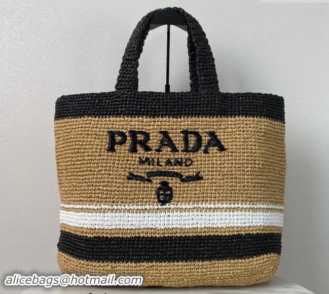 Most Popular Prada Large Crochet Raffia-effect Tote Bag 1BG392 Khaki/Black 2024