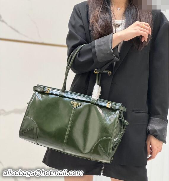 Buy Cheapest Prada Large leather handbag 1BA433 Dark Green 2024