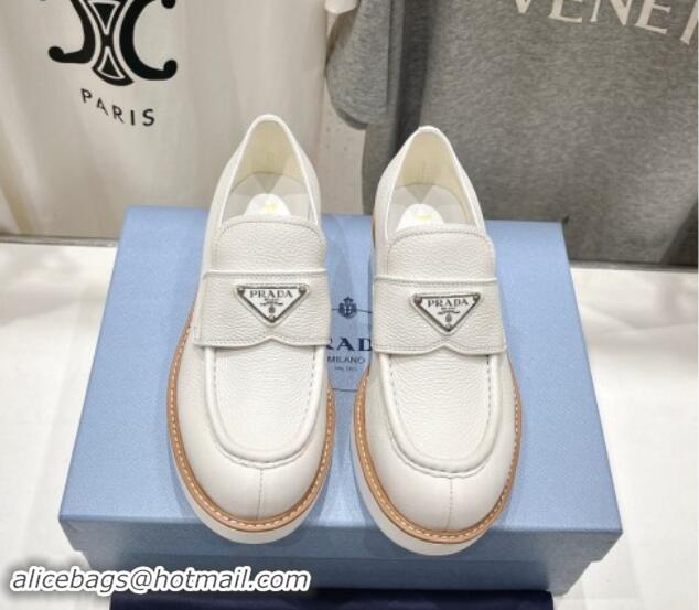 Perfect Prada Grained Leather Loafers White 903113