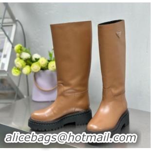 Unique Style Prada Leather Platform High Boots 5cm Brown 904024