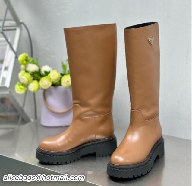 Unique Style Prada Leather Platform High Boots 5cm Brown 904024